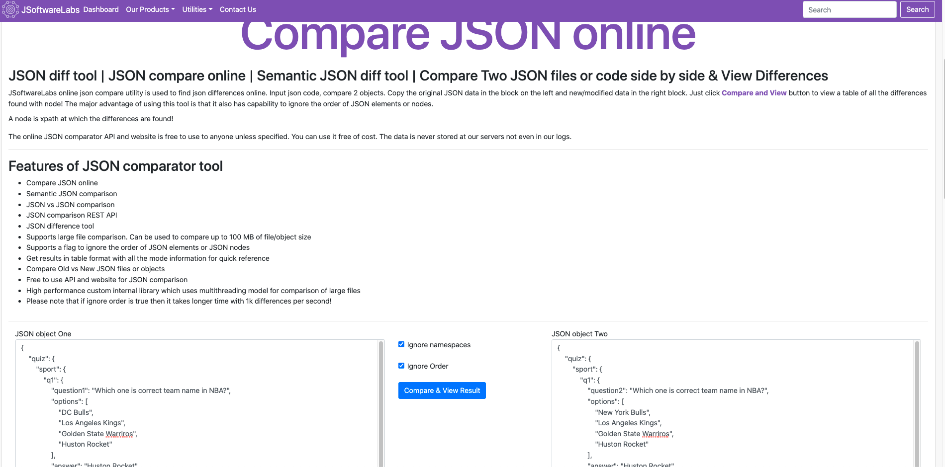 json comparator features